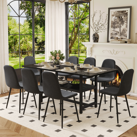 Table and chair set.71*35.4 inch Black Grain Spliced Dining Table With Storage Function In The Middle Of The Table Legs.Paired with 8 Black Linen-Cotton Material High Resilience Dining Chair. - sold by Home Elegance USA