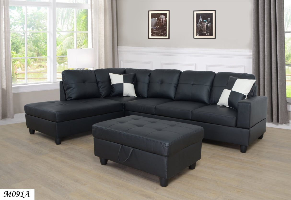 3 Piece Modular Sofa Set, (Black) Faux Leather Right Side Lounger with Free Storage Footrest | Home Elegance USA