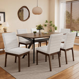 7-Pieces Upholstered Dining Set With Rubberwood Frame, Light beige+Walnut+Black