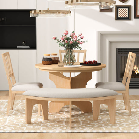 TREXM 5-piece Rustic Charm Round Dining Set with 3 Upholstered Chairs and Curved Bench for Dining Room, Kitchen and Living Room (Natural) - sold by Home Elegance USA