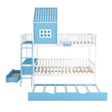 Full over Full Bunk Bed with Twin Size Trundle , Farmhouse Bed with Storage Box and Drawer - Blue - Home Elegance USA
