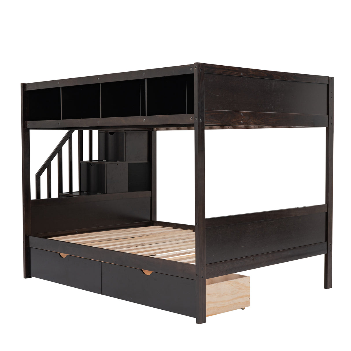 Twin over Full Bunk Bed with Shelfs, Storage Staircase and 2 Drawers, Espresso - Home Elegance USA