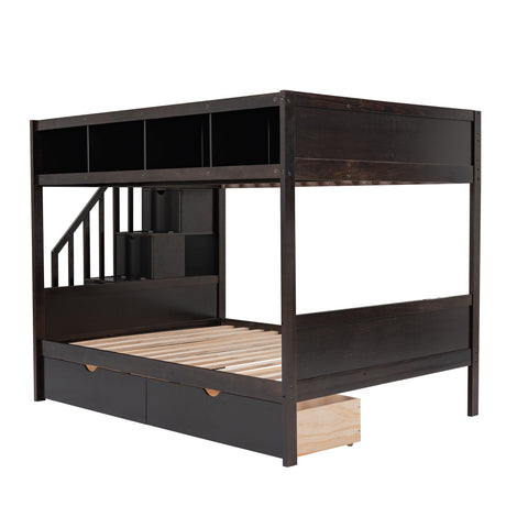 Twin over Full Bunk Bed with Shelfs, Storage Staircase and 2 Drawers, Espresso - Home Elegance USA