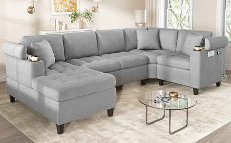 Modern U-shaped Sectional Sofa 115.7' Corner Living Room Couch with Built-in Cup Holders, Storage, USB Ports in Light Grey Chenille Fabric - sold by Home Elegance USA