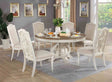 Elegant Rustic 7pc Dining Set Round Table 6x Side Chairs Ivory Fabric Upholstered Seat Antique White