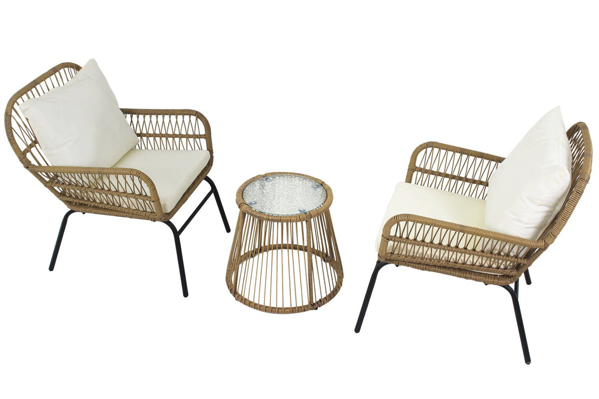 3PCS Outdoor Patio Balcony Natural Color Wicker Chair Set with Beige Cushion and Round Tempered Glass Table(New)