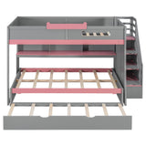 Full Over Full Bunk Bed with Twin Size Trundle and Staircase, Shelves, LED,Gray - sold by Home Elegance USA