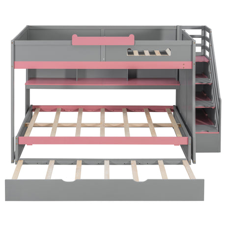 Full Over Full Bunk Bed with Twin Size Trundle and Staircase, Shelves, LED,Gray - sold by Home Elegance USA