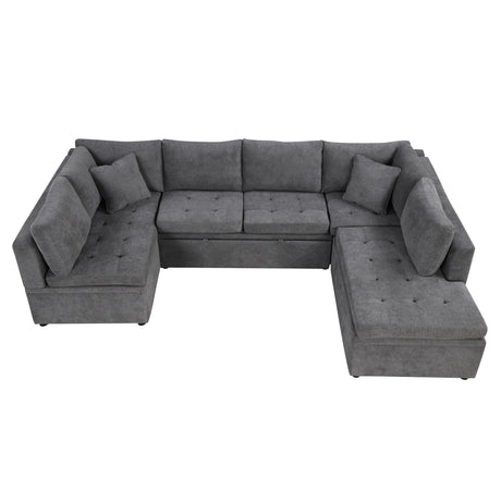 Oversized Sectional Sofa U-shaped Couch Pull-out Sofa Bed with Two Throw Pillows Gray Chenille 117.3' - sold by Home Elegance USA