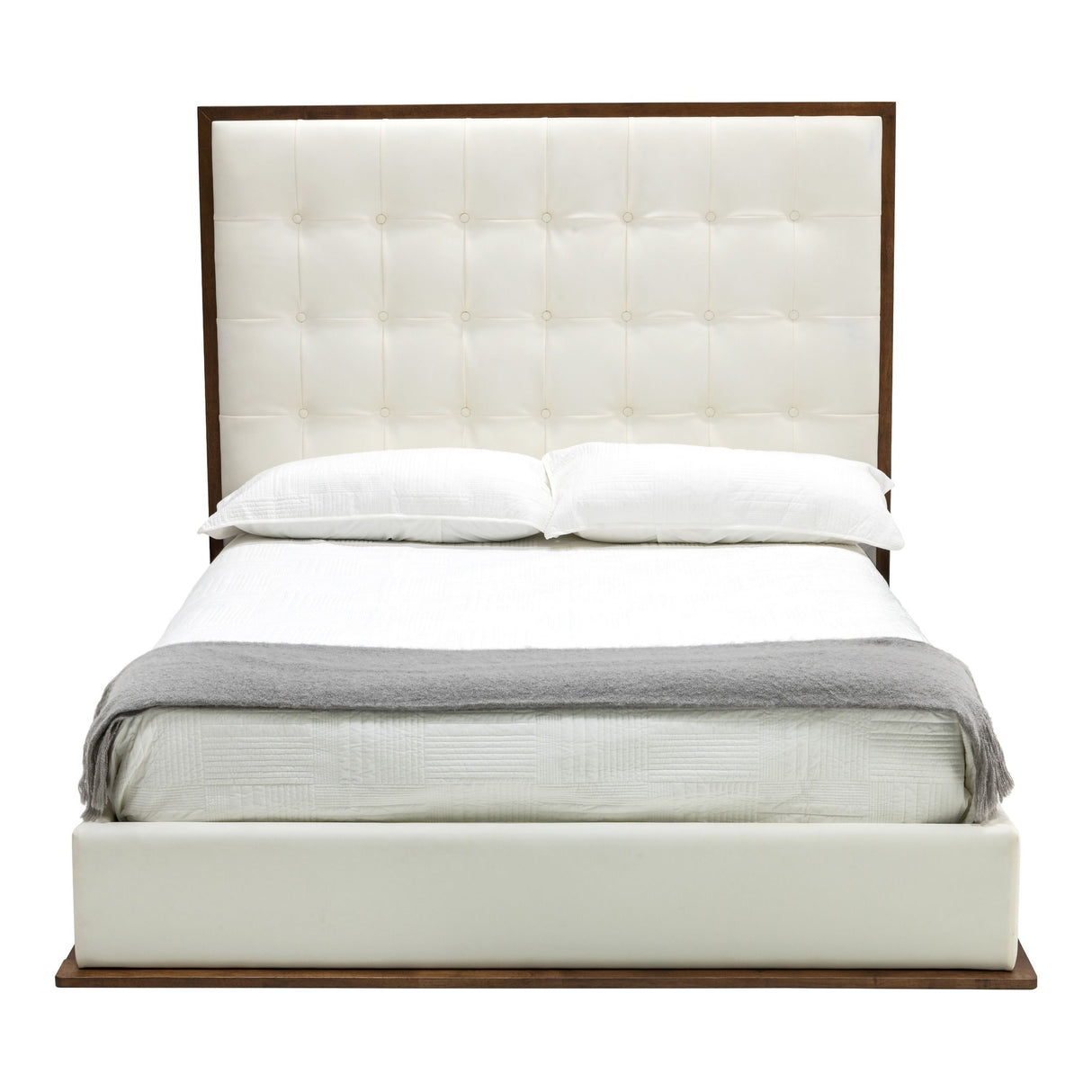 California King Amberlie - Modern White Vegan Leather + Walnut 4-Piece Bedroom Set