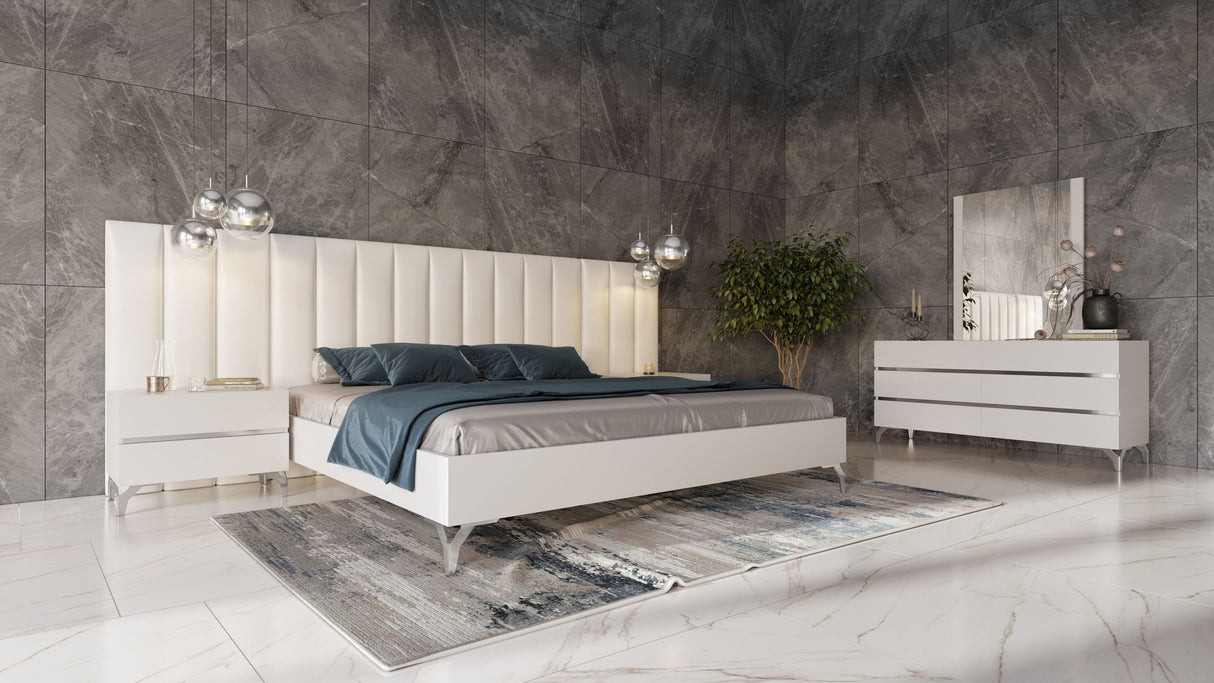 Angela - Eastern King Italian Modern White Eco Leather Bed w/ Nightstands and Wings - View Image 1
