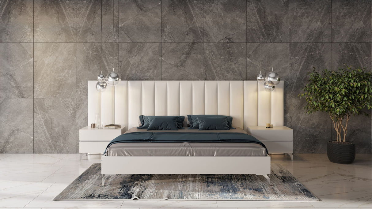 Angela - Eastern King Italian Modern White Eco Leather Bed w/ Nightstands and Wings - View Image 1