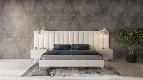 Angela - Eastern King Italian Modern White Eco Leather Bed w/ Nightstands and Wings - View Image 1