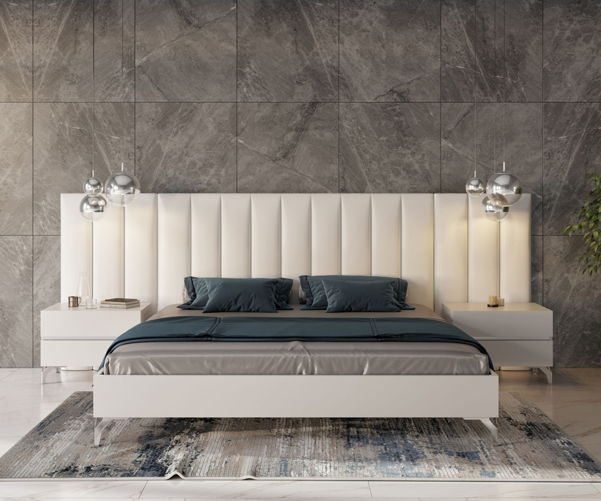 Angela - Eastern King Italian Modern White Eco Leather Bed w/ Nightstands and Wings - View Image 1