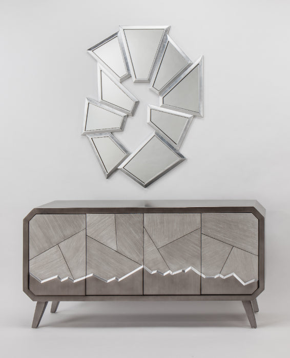 Artmax 2729-S Smokey Gray Cabinet with Mirror in Puzzle-Pieced Silvery Doors – Front View