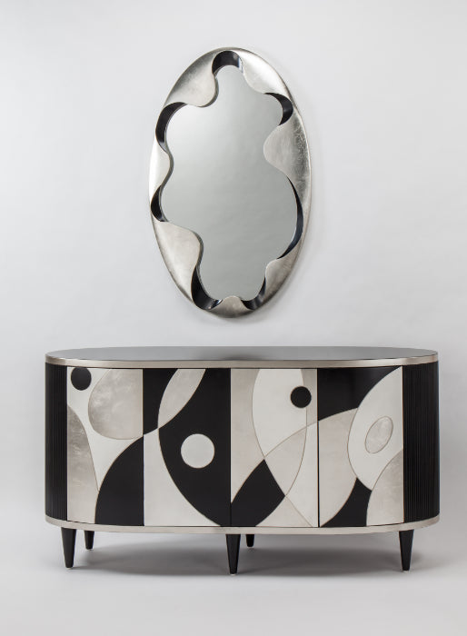 Artmax 2730-S Cabinet with Mirror in Black Ribbed Sides and Silverleaf – Front View