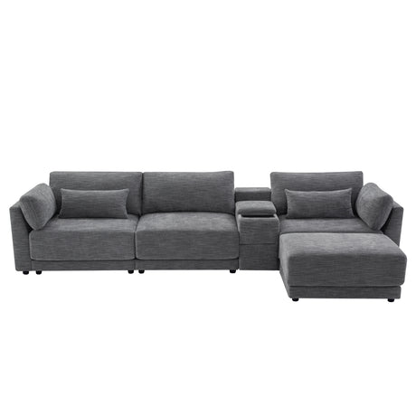 124'' L-Shaped Sectional Sofa with Multi-Functional Storage Console, Wired&Wireless Charger, Movable Ottoman, Wider&Thicker Cushion, Free Combination for Living Room&Apartment, Chenille - sold by Home Elegance USA