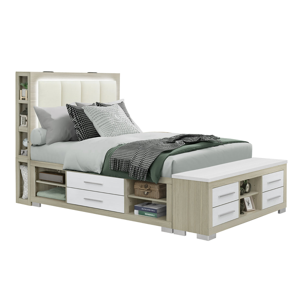 Messa Natural-White Full Bed with Bookcase Headboard and Storage in Rubber Wood