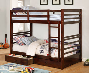 Twin Over Twin Transitional Style Bunk Bed With Two Large Drawers Under Bed Storage Attached Ladder Dark Walnut