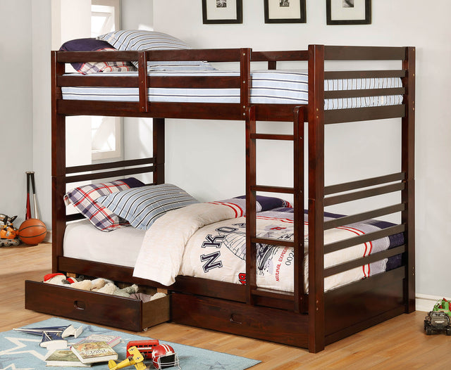 Twin Over Twin Transitional Style Bunk Bed With Two Large Drawers Under Bed Storage Attached Ladder Dark Walnut