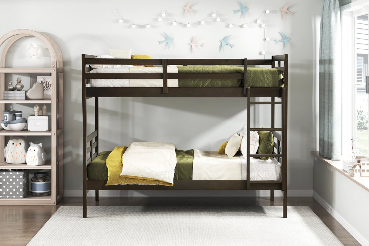 Twin over Twin Bunk Bed 1pc Classic Dark Brown Finish Youth Bedroom Furniture Durable Wood - sold by Home Elegance USA