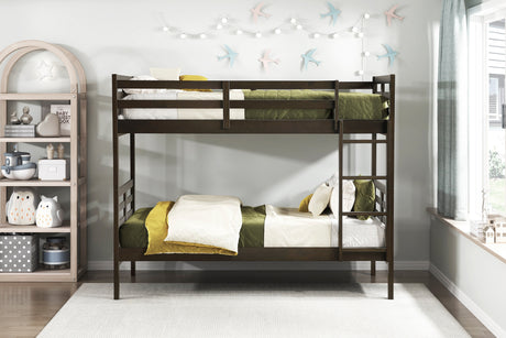 Twin over Twin Bunk Bed 1pc Classic Dark Brown Finish Youth Bedroom Furniture Durable Wood - sold by Home Elegance USA