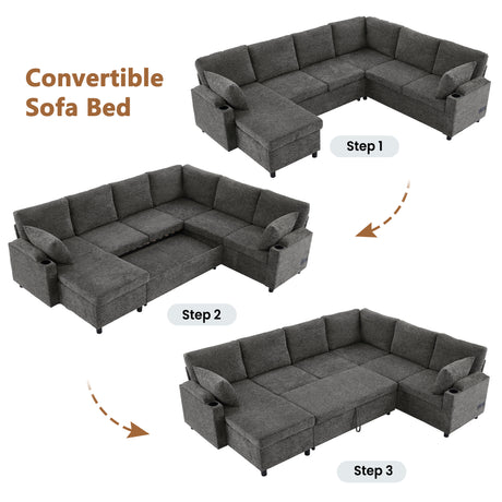 Versatile U-Shaped Sectional Sofa Bed with Storage, Cup Holders, Charging Ports in Grey Chenille - sold by Home Elegance USA