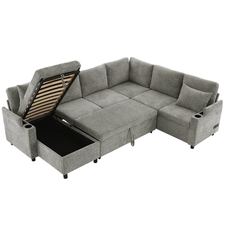 Versatile Light Grey Chenille Sectional Sofa Bed with Storage, Cup Holders & Charging Ports, 109.9' - sold by Home Elegance USA