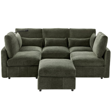 Modern Sectional Sofa Modular Sofa 85.4' U-shaped Sofa Couch Sofa Bed with Movable Ottoman, USB Ports, Phone Holder, Green Chenille - sold by Home Elegance USA