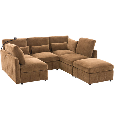 Modern Sectional Sofa Modular Sofa 85.4' U-shaped Sofa Couch with Movable Ottoman, USB Ports, Phone Holder, Brown Chenille - sold by Home Elegance USA