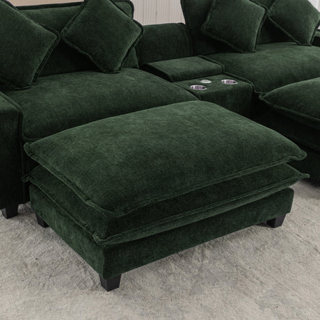 Chenille Upholstered 111' Sectional Sofa with Two Removable Ottomans, USB Ports, Cup Holders, and Storage, Green - sold by Home Elegance USA