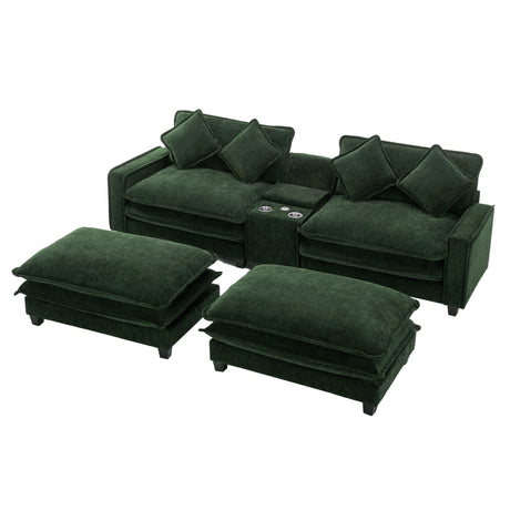 Chenille Upholstered 111' Sectional Sofa with Two Removable Ottomans, USB Ports, Cup Holders, and Storage, Green - sold by Home Elegance USA