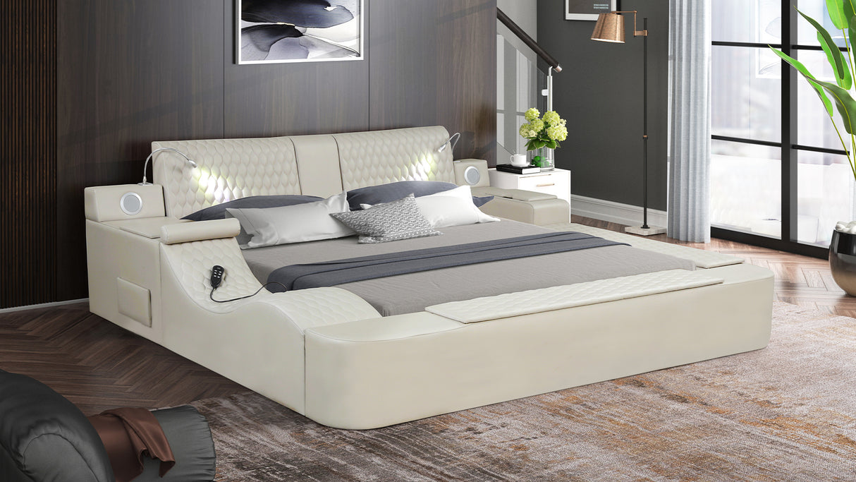 ZOYA Smart Multifunctional Queen Size Bed with Massager Made with Wood and Faux Leather in Beige(California Available Stock)