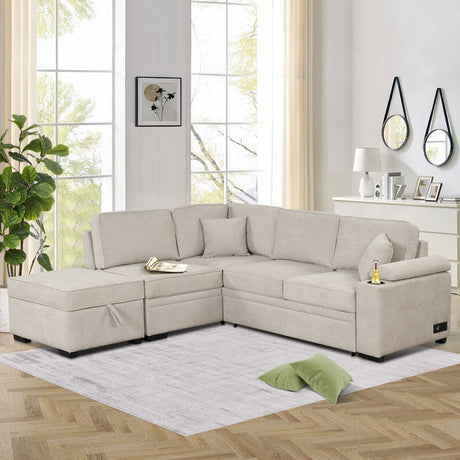 2 in 1 Sleeper Sofa Bed with Storage Ottoman, Beige Linen Upholstery, 84.75' L Shape Couch for Small Spaces - sold by Home Elegance USA