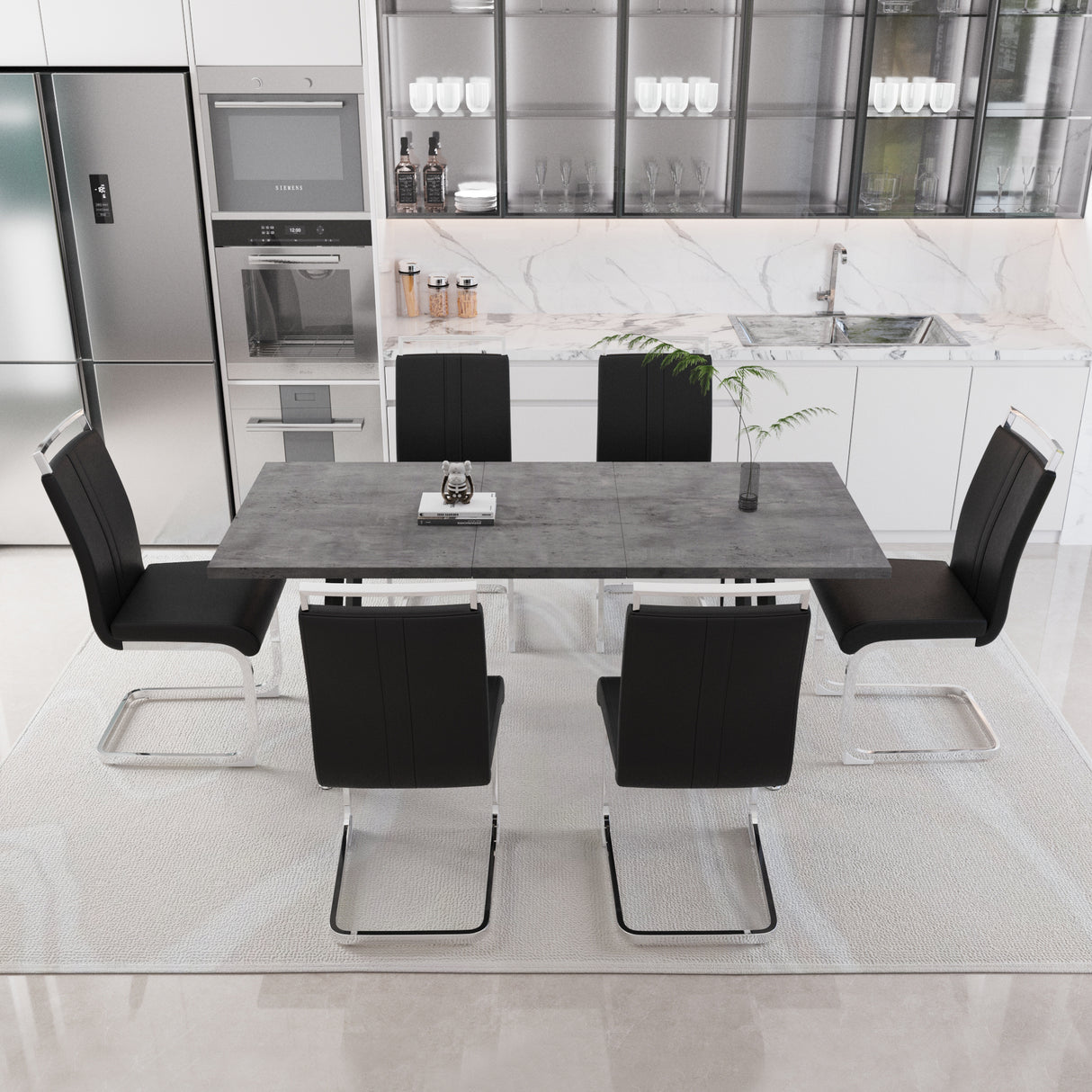 55.12-70.87' expandable square dining table set that can accommodate 4-6 people, equipped with 6 C-shaped tubular cushioned armless dining chair,  kitchen table and chair set, with metal legs