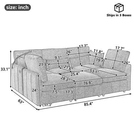 Modern Sectional Sofa Modular Sofa 85.4' U-shaped Sofa Couch with Movable Ottoman, USB Ports, Phone Holder, Brown Chenille - sold by Home Elegance USA