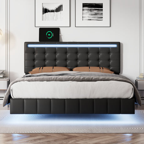 Full Size Floating Bed Frame with LED Lights and USB Charging,Modern Upholstered Platform LED Bed Frame,Black(Full)
