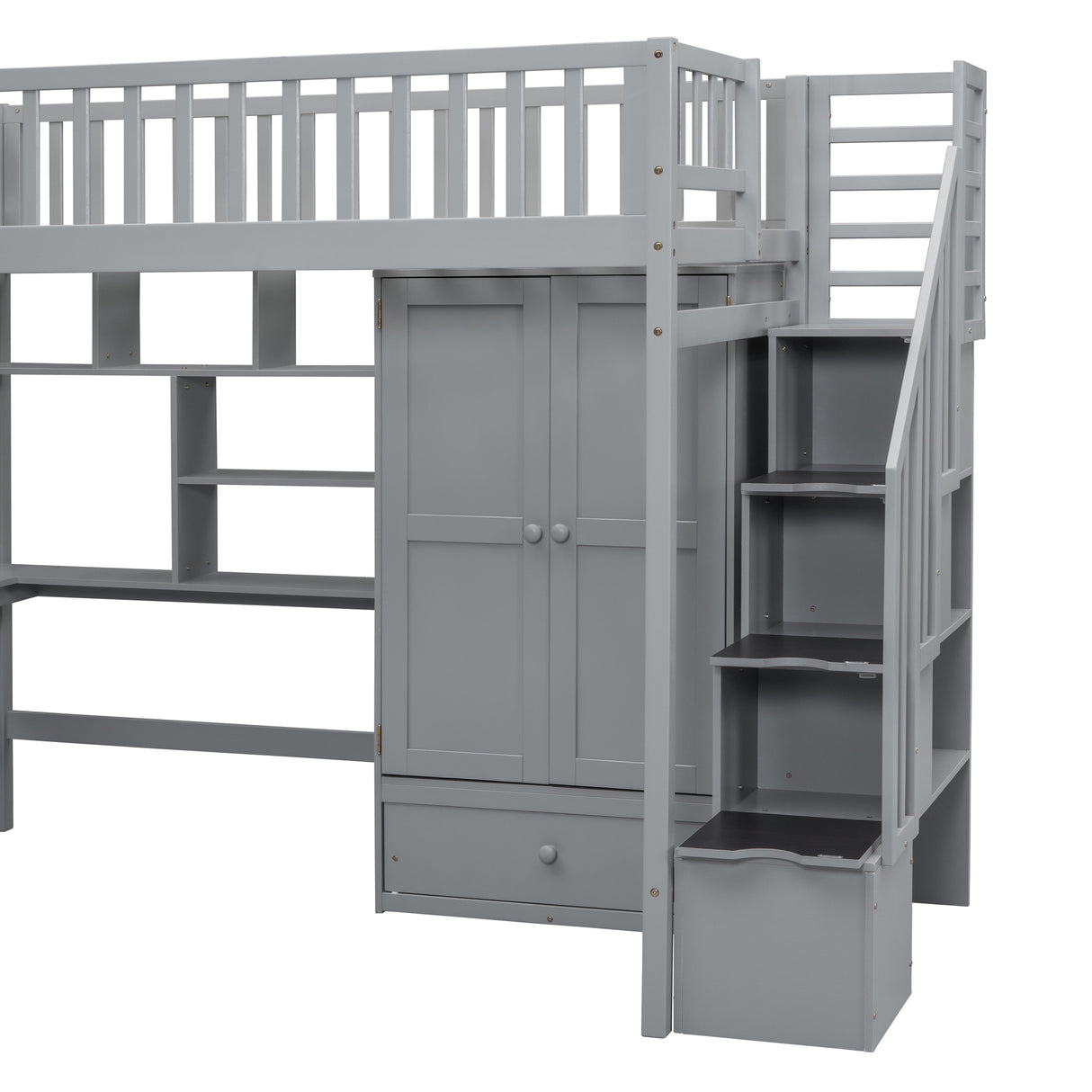 Twin size Loft Bed with Bookshelf,Drawers,Desk,and Wardrobe-Gray - Home Elegance USA