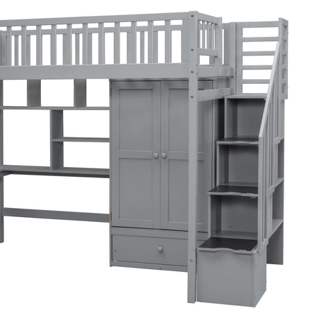 Twin size Loft Bed with Bookshelf,Drawers,Desk,and Wardrobe-Gray - Home Elegance USA