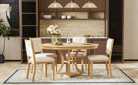 TREXM 5-Piece Retro Functional Dining Table Set Extendable Round Table and 4 Upholstered Chairs for Dining Room and Living Room (Natural) - sold by Home Elegance USA