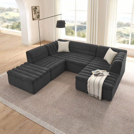 135' U-Shaped Modular Sectional Sofa with Chaise and Movable Ottoman for Living Room, Chenille Upholstered Boneless Couches with Wave-Shaped Armrest, No Pillows Included - sold by Home Elegance USA
