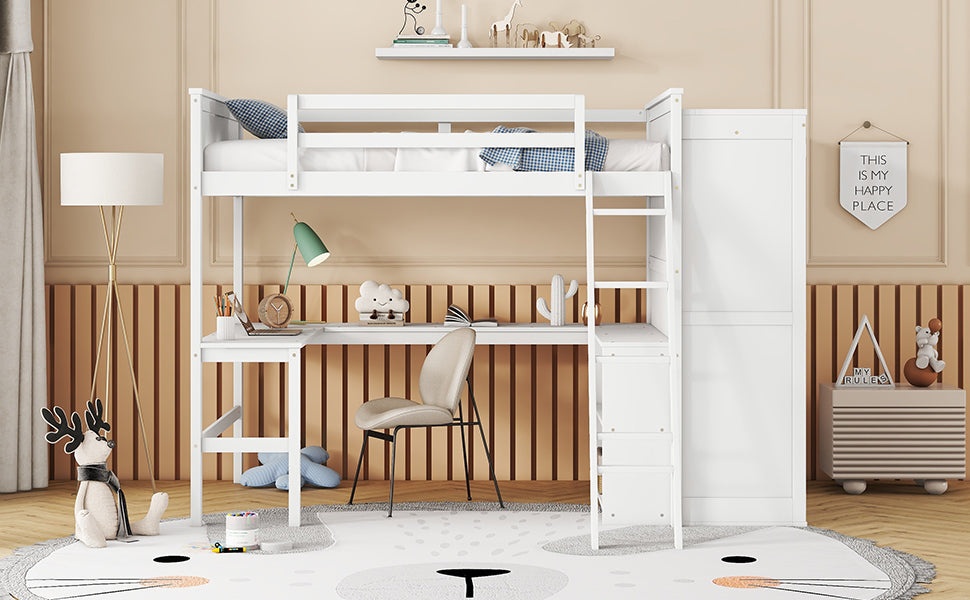 Full size Loft Bed with Desk, Shelves and Wardrobe-White - Home Elegance USA