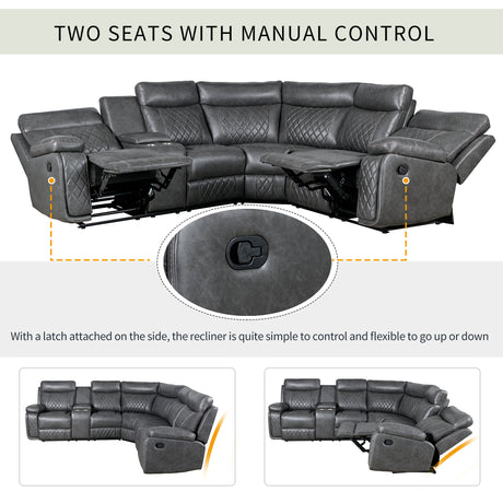 Home Theater Seating Manual Recliner with Cup Holder, Hide-Away Storage PU Reclining Sofa for Living Room, Home Theater, Gray - sold by Home Elegance USA
