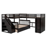 Twin-Twin over Full L-Shaped Bunk Bed With 3 Drawers, Portable Desk and Wardrobe, Espresso - Home Elegance USA