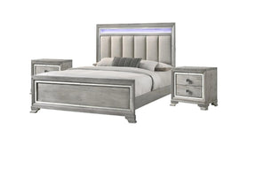 Modern King Size Panel Bed Nightstand 3pc Set Integrated Led Lighting Tufted Headboard Wood Grain Soft Gray Finish Wooden Solid Wood Furniture - sold by Home Elegance USA