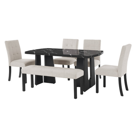 6 Piece Modern Dining Table Set, 63' Faux Marble Dining Table with Geometric Legs & 4 Upholstered Chairs & 1 Bench, Suitable for Dining Kitchen Room,Easy to Assemble, Beige+Black - sold by Home Elegance USA