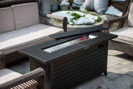 57in Outdoor Gas Propane Fire Pits Table, Aluminum, 50000BTU Firepit Fireplace Dinning Table with Lid, Fire Glass, Retangular, ETL Certification, for Garden Backyard Deck Patio - Mocha | Home Elegance USA