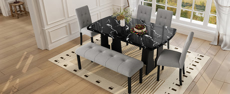6 Piece Modern Dining Table Set, 63' Faux Marble Dining Table with Geometric Legs & 4 Upholstered Chairs & 1 Bench, Suitable for Dining Kitchen Room,Easy to Assemble, Black + Gray - sold by Home Elegance USA