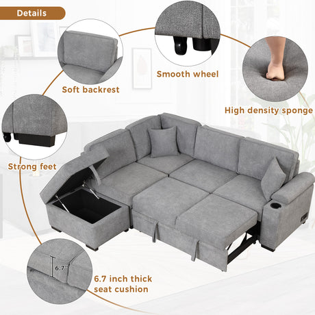 Modern Sleeper Sofa Bed with Storage Ottoman, Gray Linen, 84.75' L Shape Couch for Living Room or Apartment - sold by Home Elegance USA