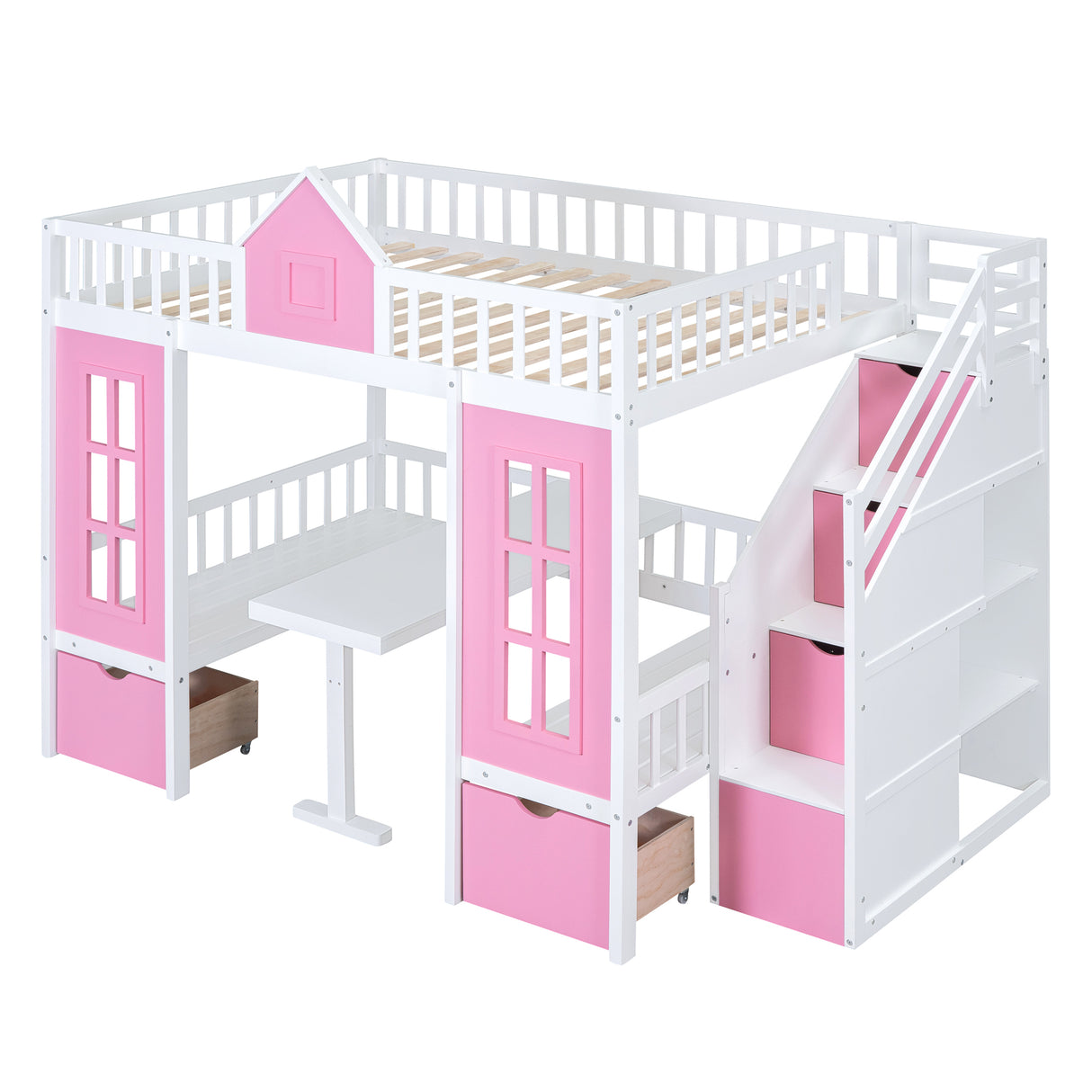 Full-Over-Full Bunk Bed with Changeable Table, Bunk Bed Turn into Upper Bed and Down Desk -Pink - Home Elegance USA